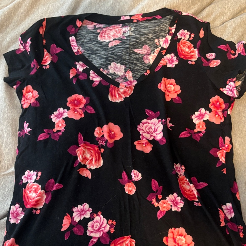 PINK Victoria's Secret Black Tee with Pink Floral Pattern